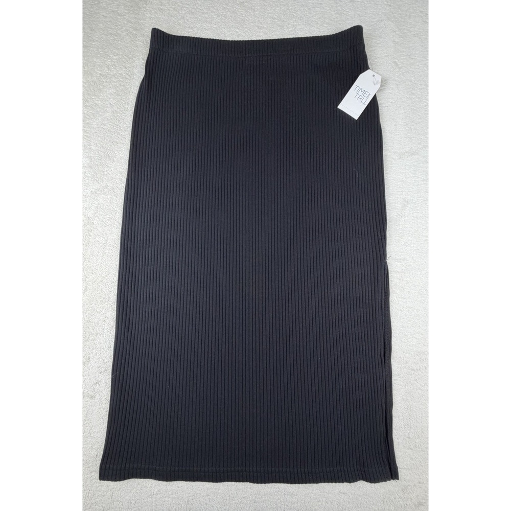 TIME & TRU Black Rib Knit Stretch Elastic Waist Side Slit Midi Column Skirt M - Picture 1 of 10